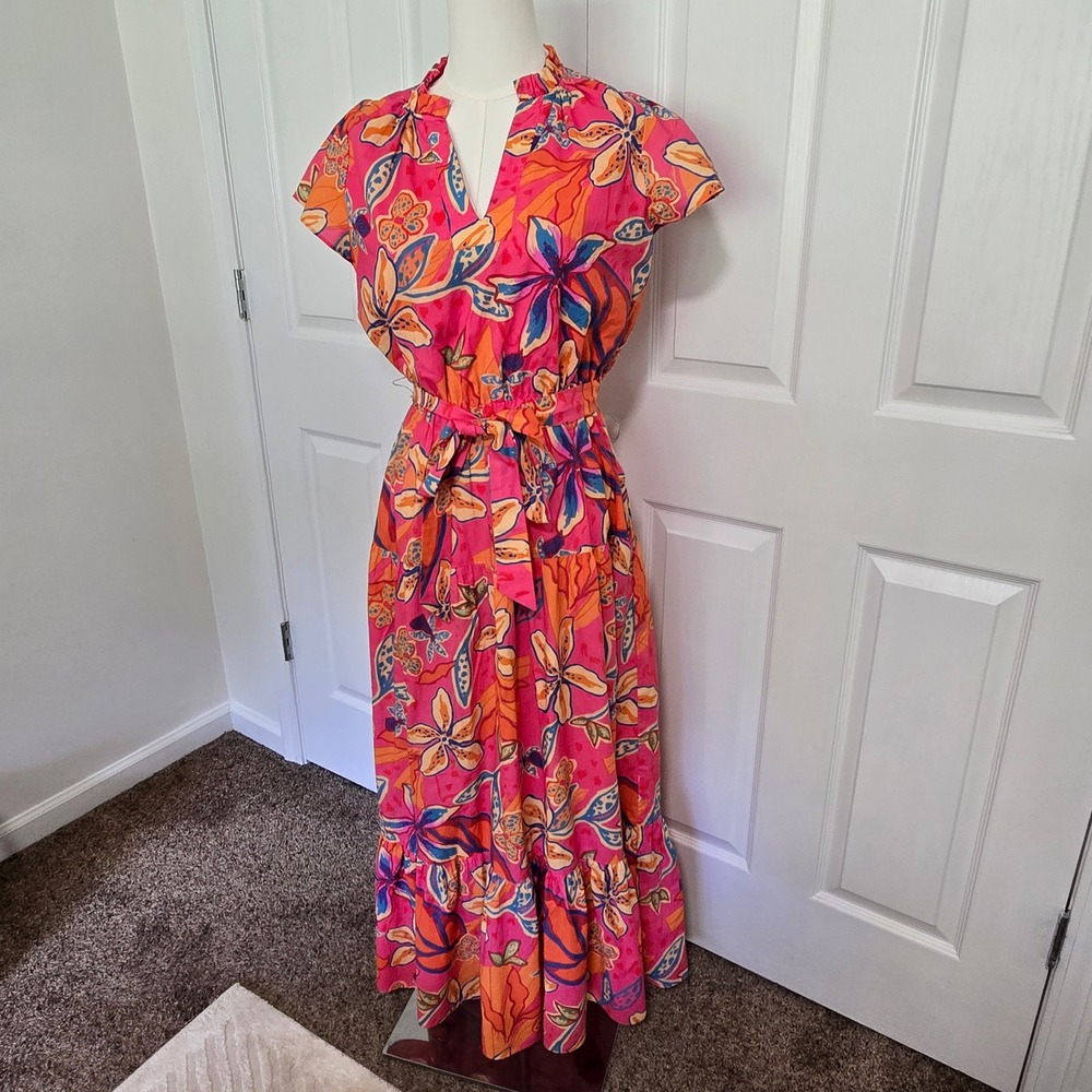 Willa Story Floral Maxi Dress Womens Small Pink Orange V-Neck Tiered Cotton